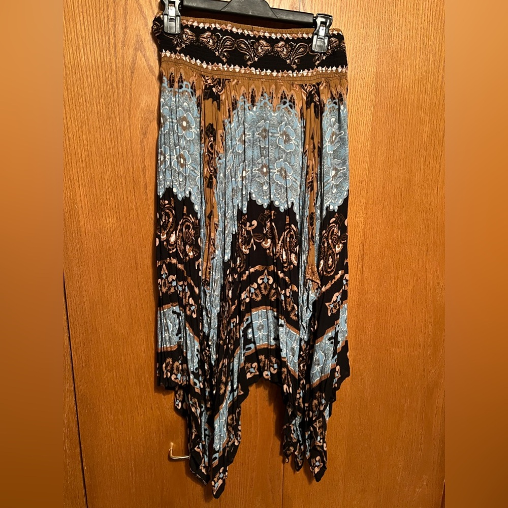 Free People Black, Blue & Tan Asymmetrical Boho Maxi Skirt